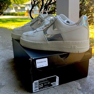 White nike Air Force with holographic cut outs